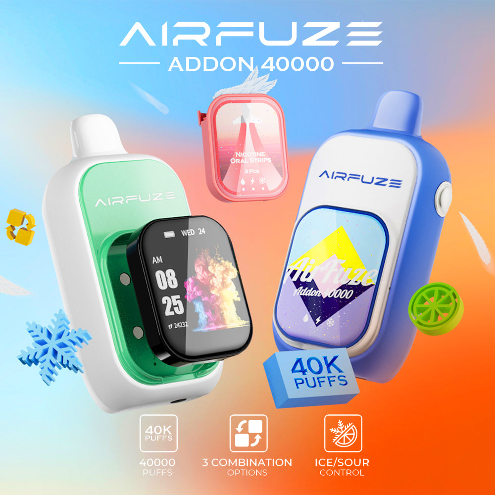 AIRFUZE Addon 40K Disposable Vape – 40,000 puffs, dual-tank system, rechargeable 850mAh battery, adjustable sour/ice control, mystery add-on accessory.