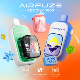AIRFUZE Addon 40K Disposable Vape – 40,000 puffs, dual-tank system, rechargeable 850mAh battery, adjustable sour/ice control, mystery add-on accessory.