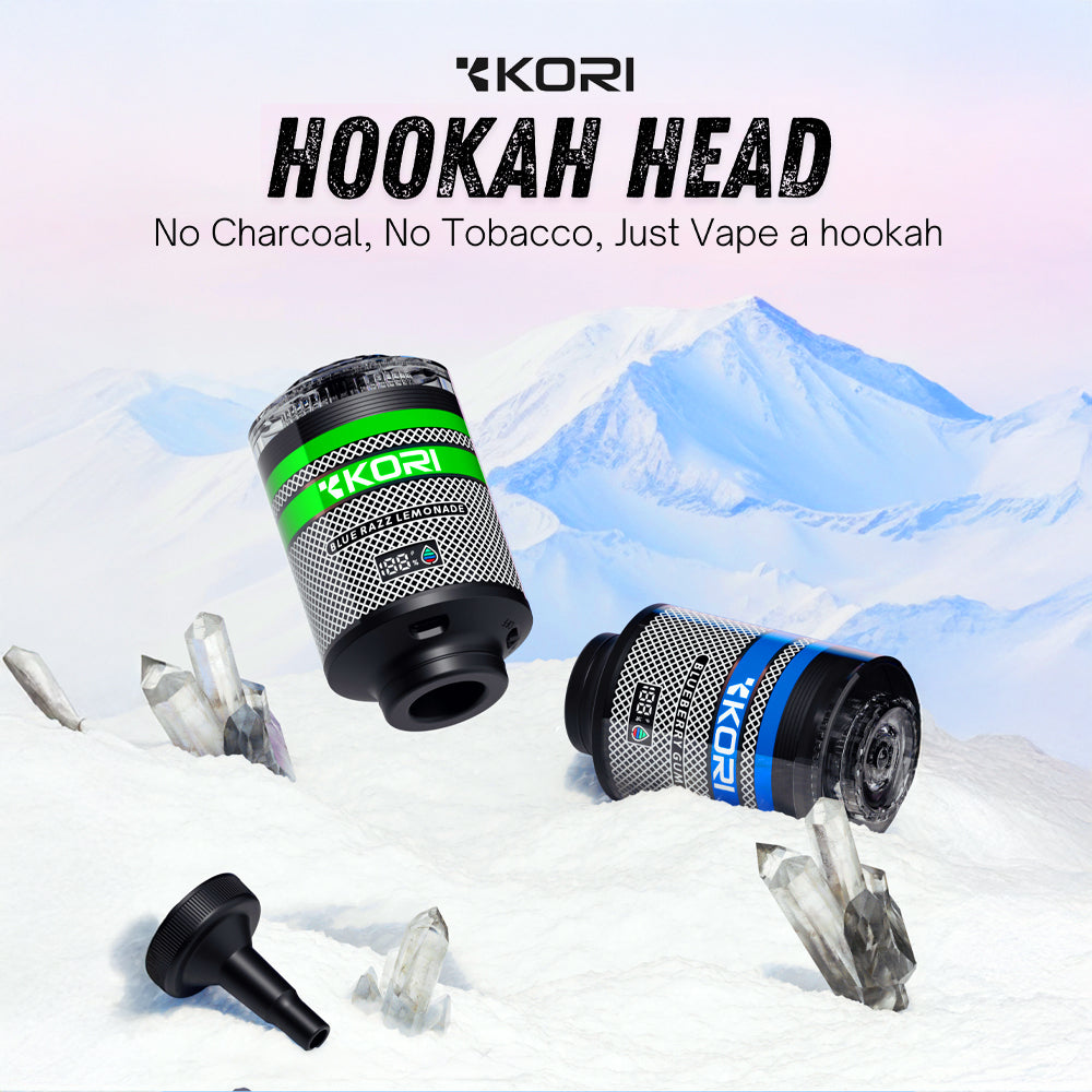 KORI “Hookah Head” 100K Disposable E-Hookah – 100,000 puffs, 40mL e-liquid, rechargeable 2200mAh battery, Type-C charging, universal hookah compatibility.