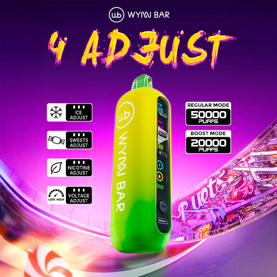 Wynn Bar "4 ADJUST" 50K Disposable Device with customizable Ice, Sweet, Voltage, and Nicotine settings – 50,000 puffs and Type-C charging.